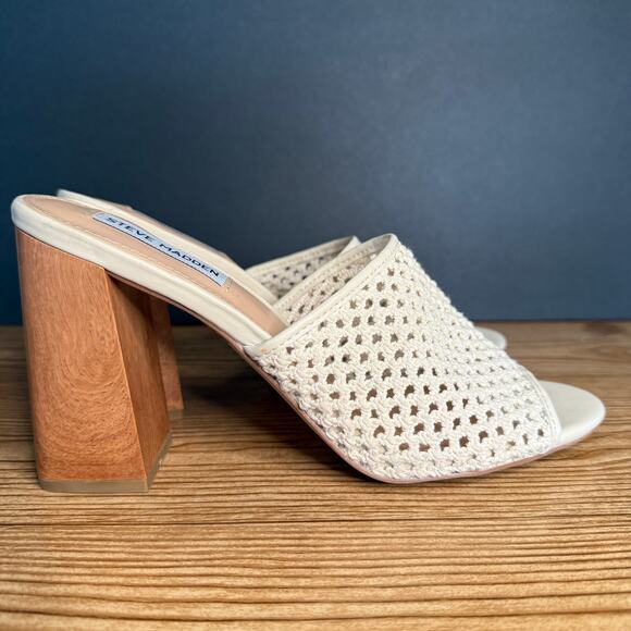 Steve Madden Cream Crochet Knit Block Heel Mules Womens 11 Cataleya - Picture 2 of 12